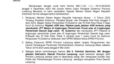 Pj. Gubernur Sudah Diusulkan, Tubuh Lembaga DPRD Lampung Jadi Gaduh Dengan Munculnya Surat Usulan Satu Nama